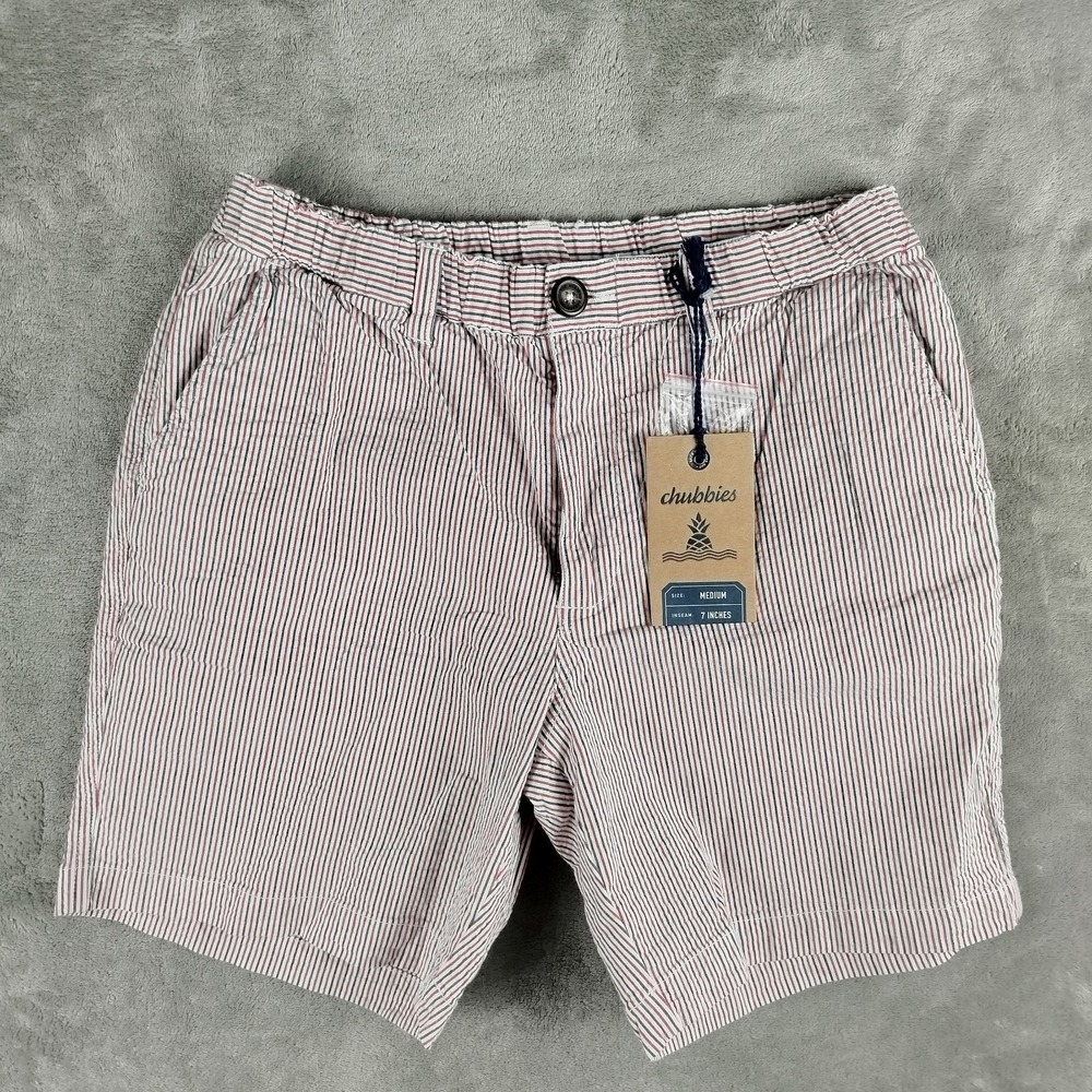 NWT Chubbies The 508 Seersucker‎ Red White Blue Shorts Mens Medium 7" In Stretch